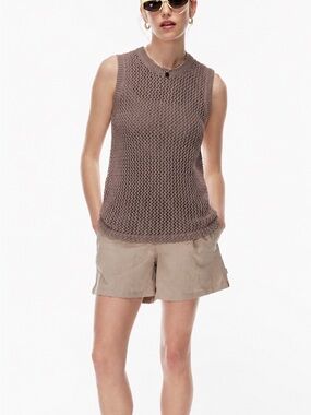 Aritzia TNA Dundas Open Knit Sweater Vest Cover Up XS Taupe Cotton
